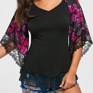 Black and Pink Butterfly Sleeve Lace Floral Print Top